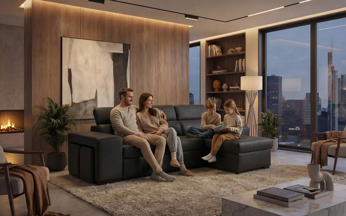 BUDWING John Sofá Cama Esquinero 4 Plazas - Chaise Longue Reversible, Reposacabezas Ajustable y 2 Pufs – Tapizado en Poliéster – Estilo Moderno – 263x161x96 cm – Gris Claro