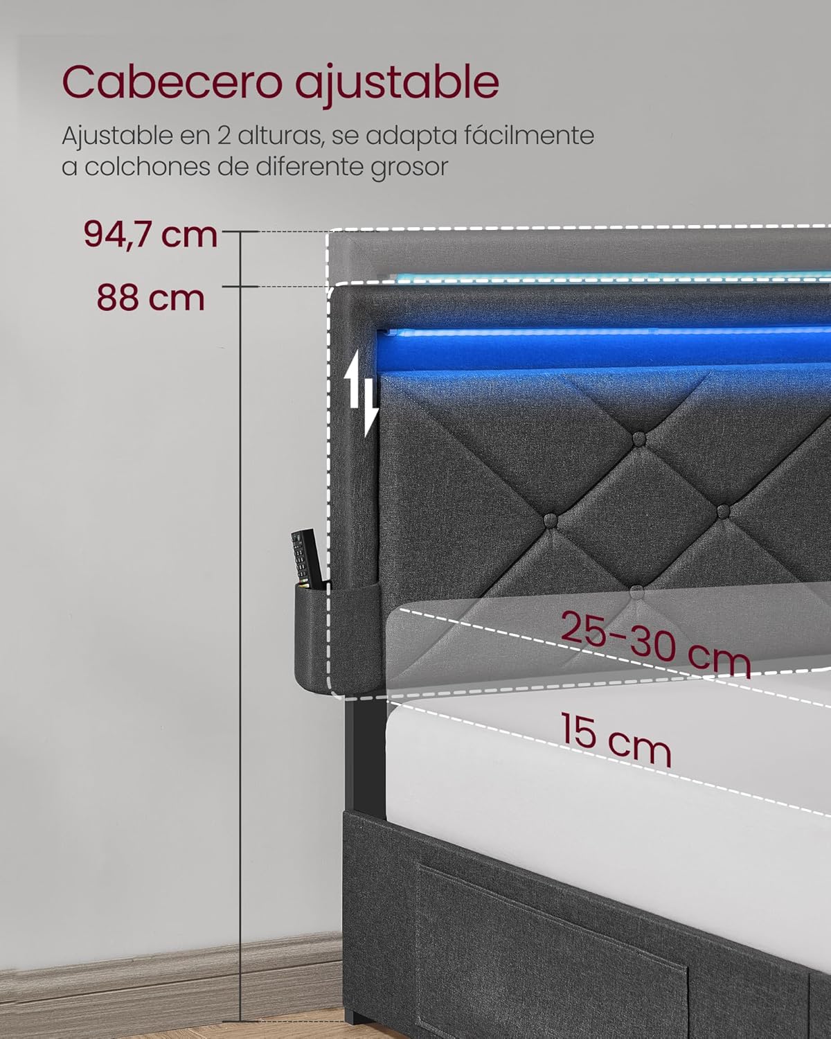 VASAGLE Marco de Cama Matrimonio, Base con Listones, 140 x 200 cm, LED, Metal, 4 Cajones, Estación de Carga, Cabecero Acolchado Ajustable, Gris Pizarra RMB827G02