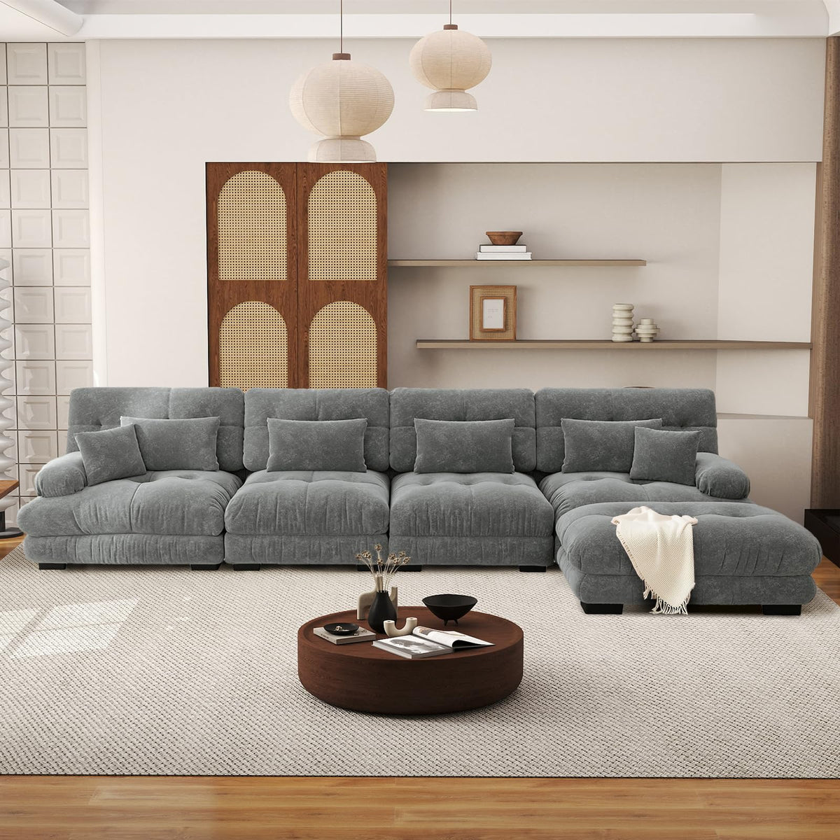 SoarFlash Sofá U Modular de 4 plazas para salón Moderno, sofá Nube de Tela Chenille con reposabrazos, Color Amarillo, 145×406 cm