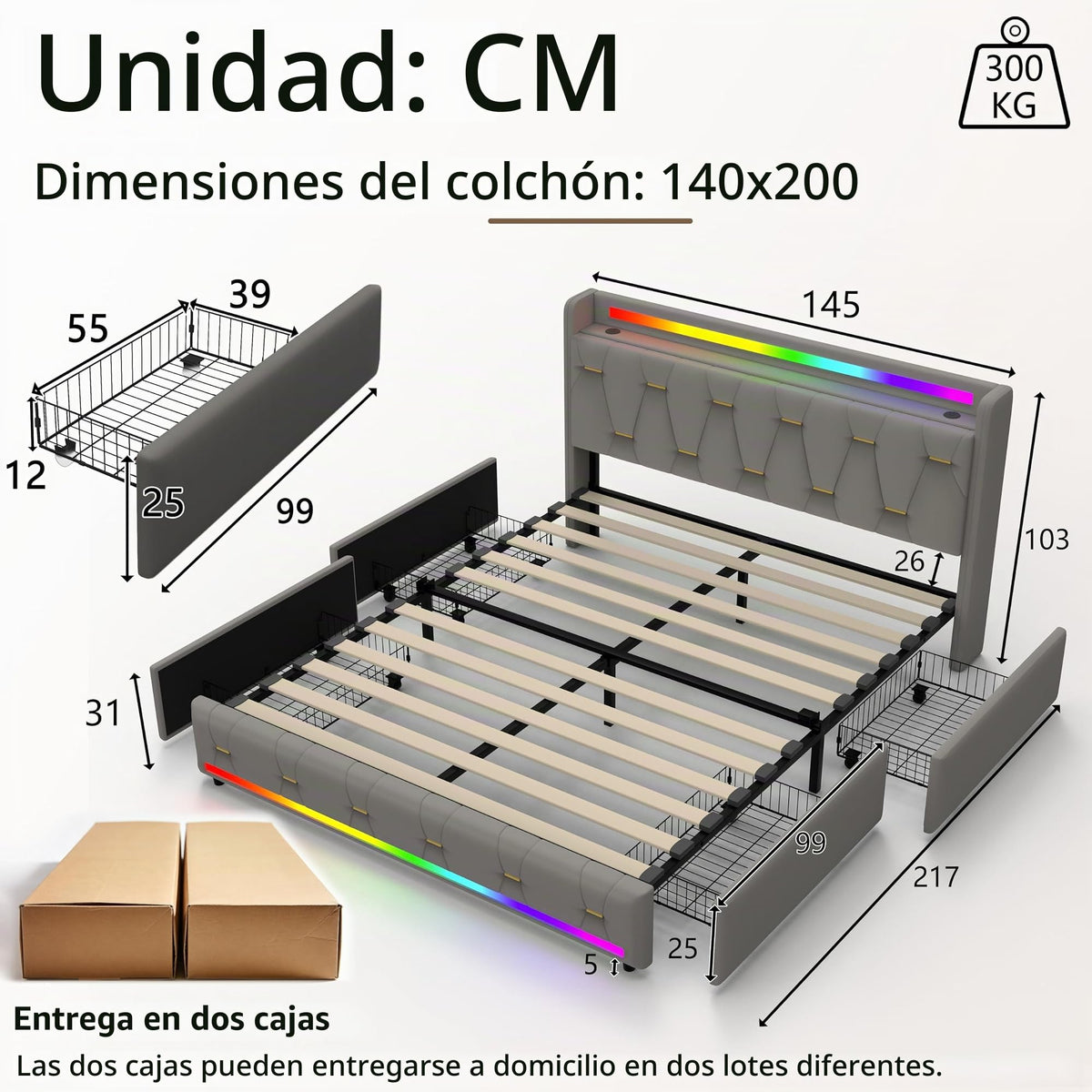 Estructura de Cama 140x200 cm con iluminación LED, Lino, Gris