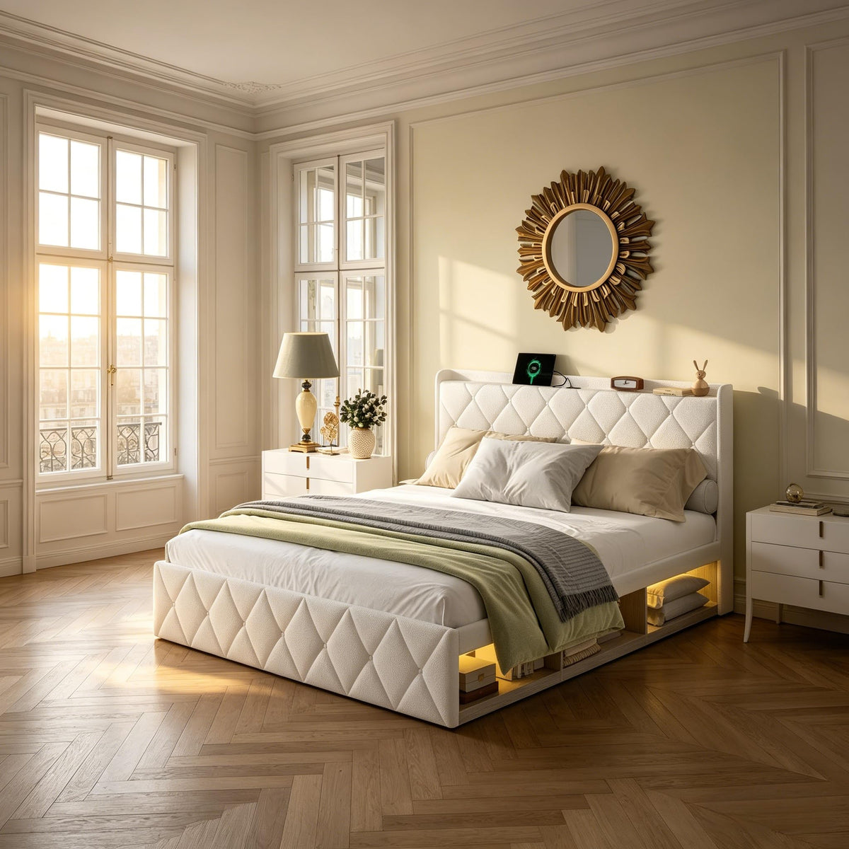 Cama tapizada de 160 x 200 cm con espacio de almacenamiento e iluminación LED, cama doble hidráulica con detalles dorados, cama de terciopelo de lujo con sincronización de música y