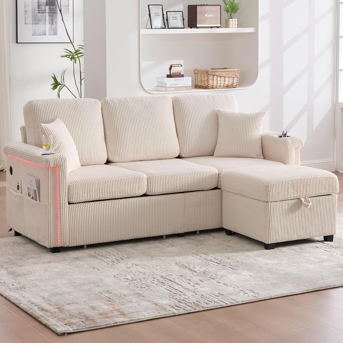 Dolamaní Sofá de terciopelo de 3 plazas con 2 cajones, soporte para bebidas, bolsillos laterales y reposapiés para sala de estar, dormitorio y oficina (beige)