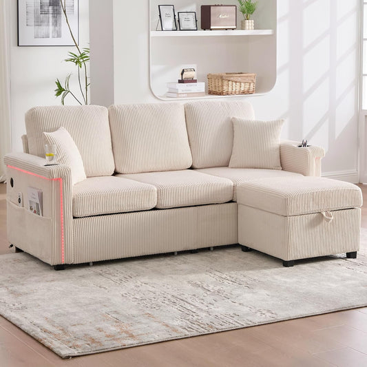 Dolamaní Sofá de terciopelo de 3 plazas con 2 cajones, soporte para bebidas, bolsillos laterales y reposapiés para sala de estar, dormitorio y oficina (beige)