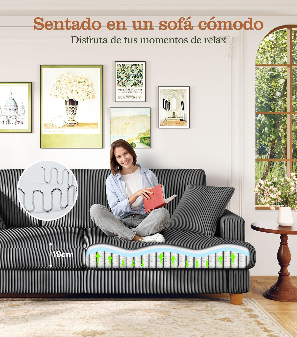 Kidirect Sofá de Pana de 3 plazas, 221 cm cómodo sofá de 53 cm Asientos Extra Profundos, sofá de salón Montaje sin Herramientas sofá Grande con 2 Cojines, sofá Moderno para Oficina,Verde Bosque