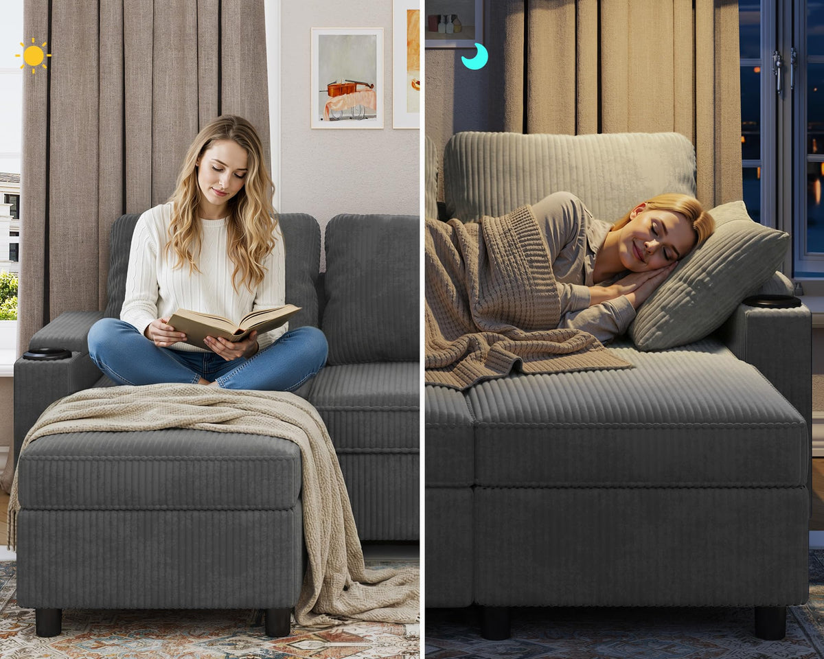 Devoko Sofá Cama L 3 plazas Azul Marino con almacén y portavasos, sofá Convertible Suave para salón y Piso, multifunción con Brazos amplios y Gran almacenaje