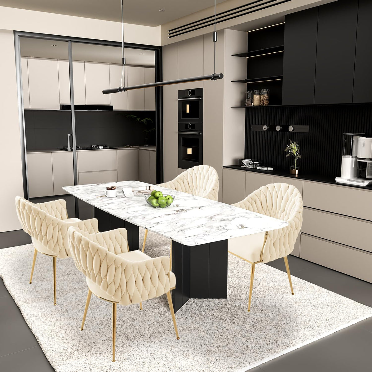 Juego de 4 sillas de comedor de terciopelo, sillones de salón, sillas de comedor con reposabrazos, sillas de cocina con respaldo alto trenzado a mano, silla de tocador con patas doradas