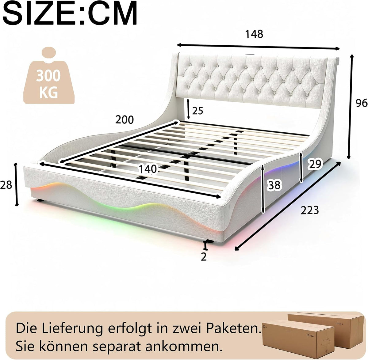 Armazón de Cama de Cuero 140x200cm con luz LED, Blanco