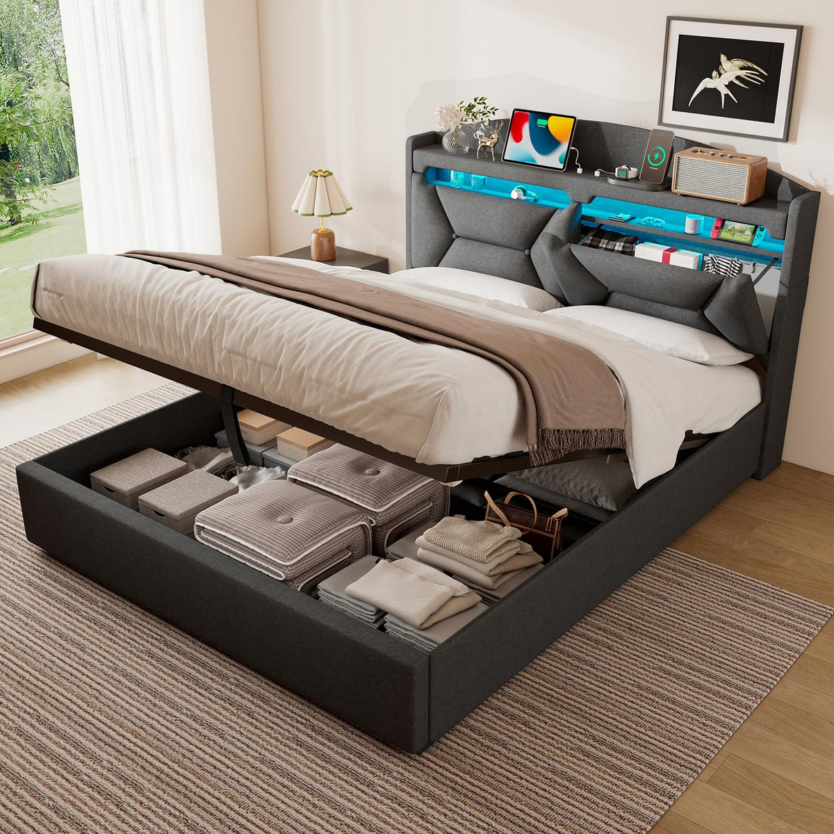 Cama 90x200 cm con Almacenamiento, Cama Individual con LED, Puertos USB y Type-C, Somier 90x200 Hidráulico, Camas Juveniles Camas Infantiles con Cabecero, Lino, Beige, Colchón No Incluido