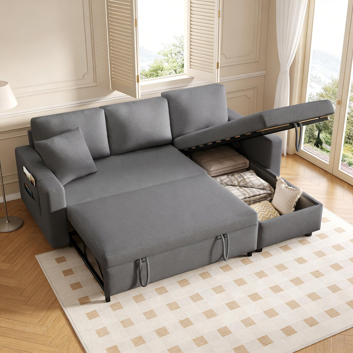 Sofá esquinero extensible en forma de L con puerto USB y portavasos, sofá cama de 4 plazas con función cama, sofá convertible con espacio de almacenamiento y reposabrazos, cojines, chenilla