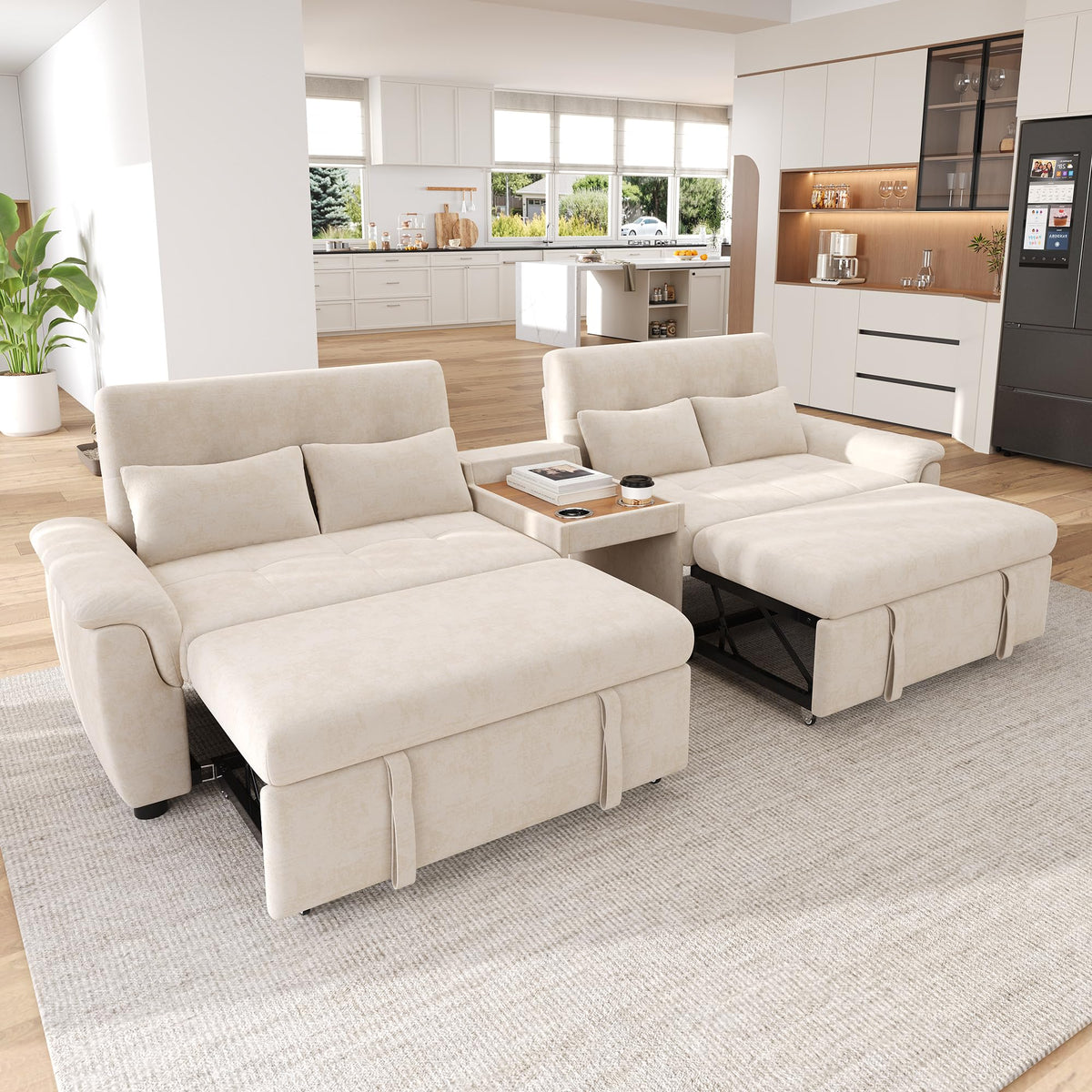 LAKFEW Sofa Cama con Cama Extensible y Taburete Almacenaje, Sofa Rinconera con USB, Lámpara de Lectura, Mesa Plegable con 2 Posavasos, 205x205x85 cm, Gris