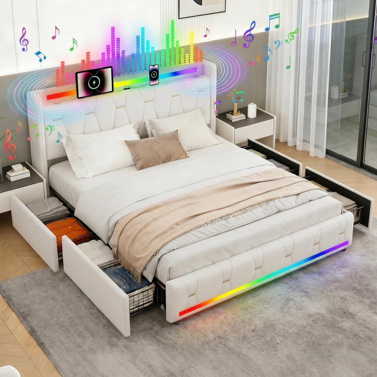 Estructura de Cama 140x200 cm con iluminación LED, Lino, Gris