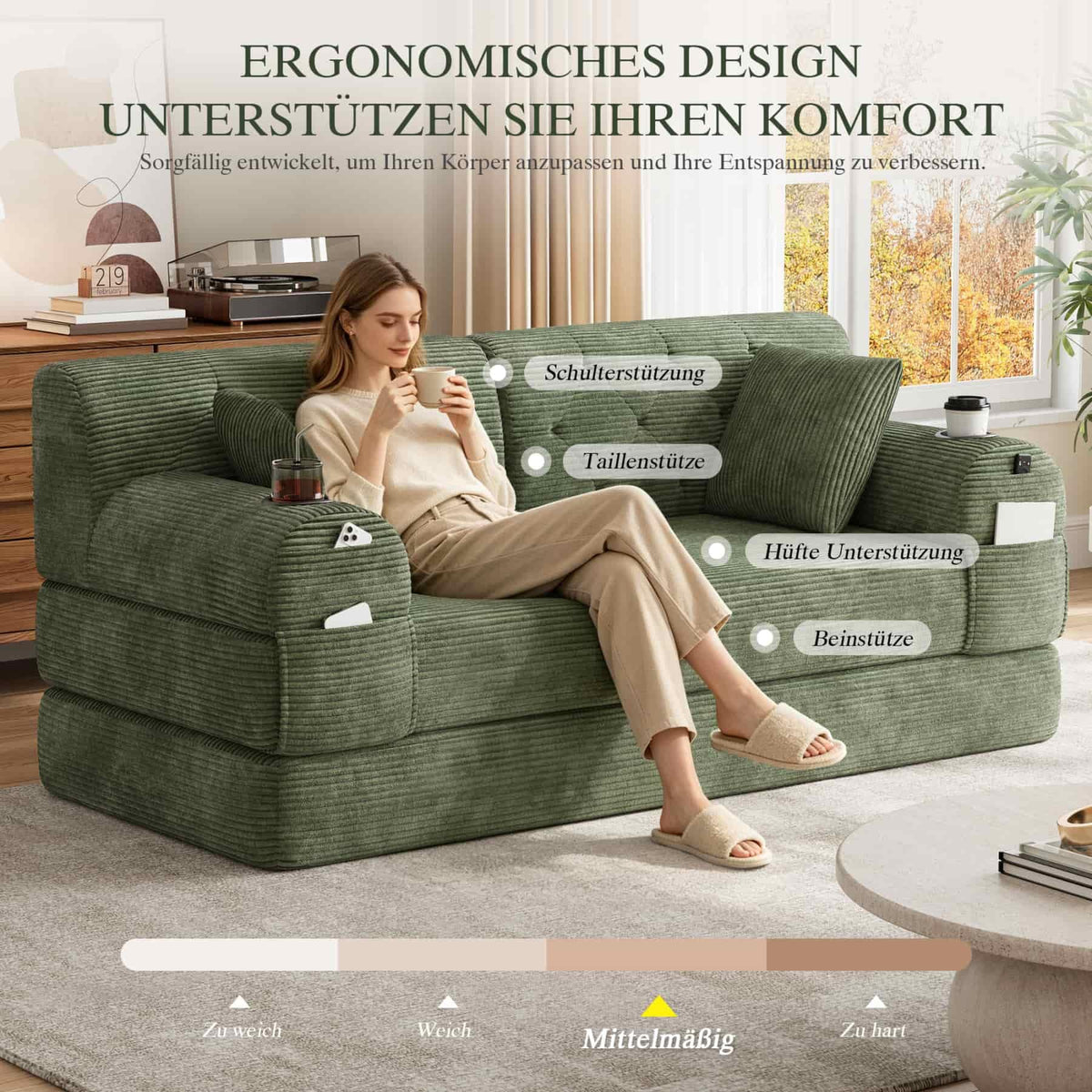 YEHTOKHOME - Sofá de Velor acanalado con respaldo alto y estructura metálica, sofá moderno de 2 plazas con 2 portavasos y 4 bolsillos laterales, para salón, dormitorio (Beige)