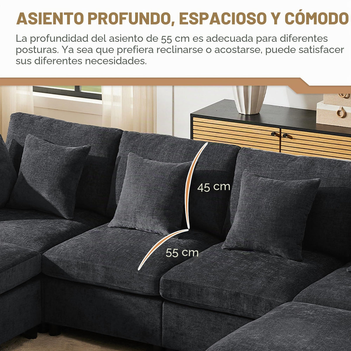 Sofá modular de 6 plazas, sofá esquinero en forma de L/U, puertos USB/tipo C, portavasos y espacio de almacenamiento, tela de chenilla, 7 cojines, salón, dormitorio y oficina, color beige