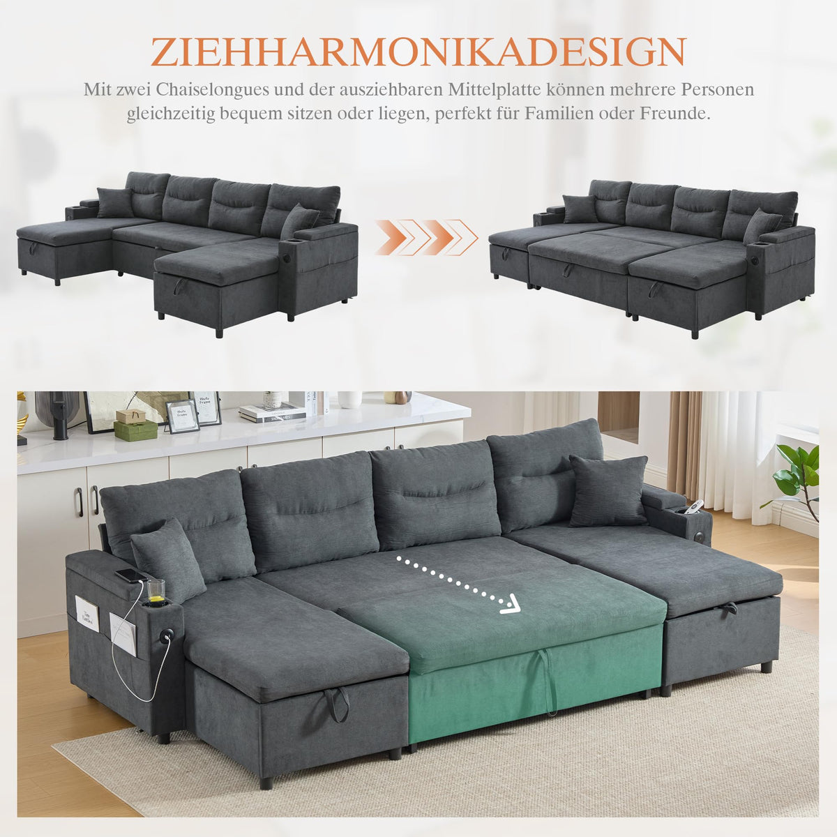 Dolamaní Sofá moderno de 4 plazas de tela de lino con espacio de almacenamiento y función de dormir, sofá cama con cajonera extensible en forma de L para casa y salón (beige B)