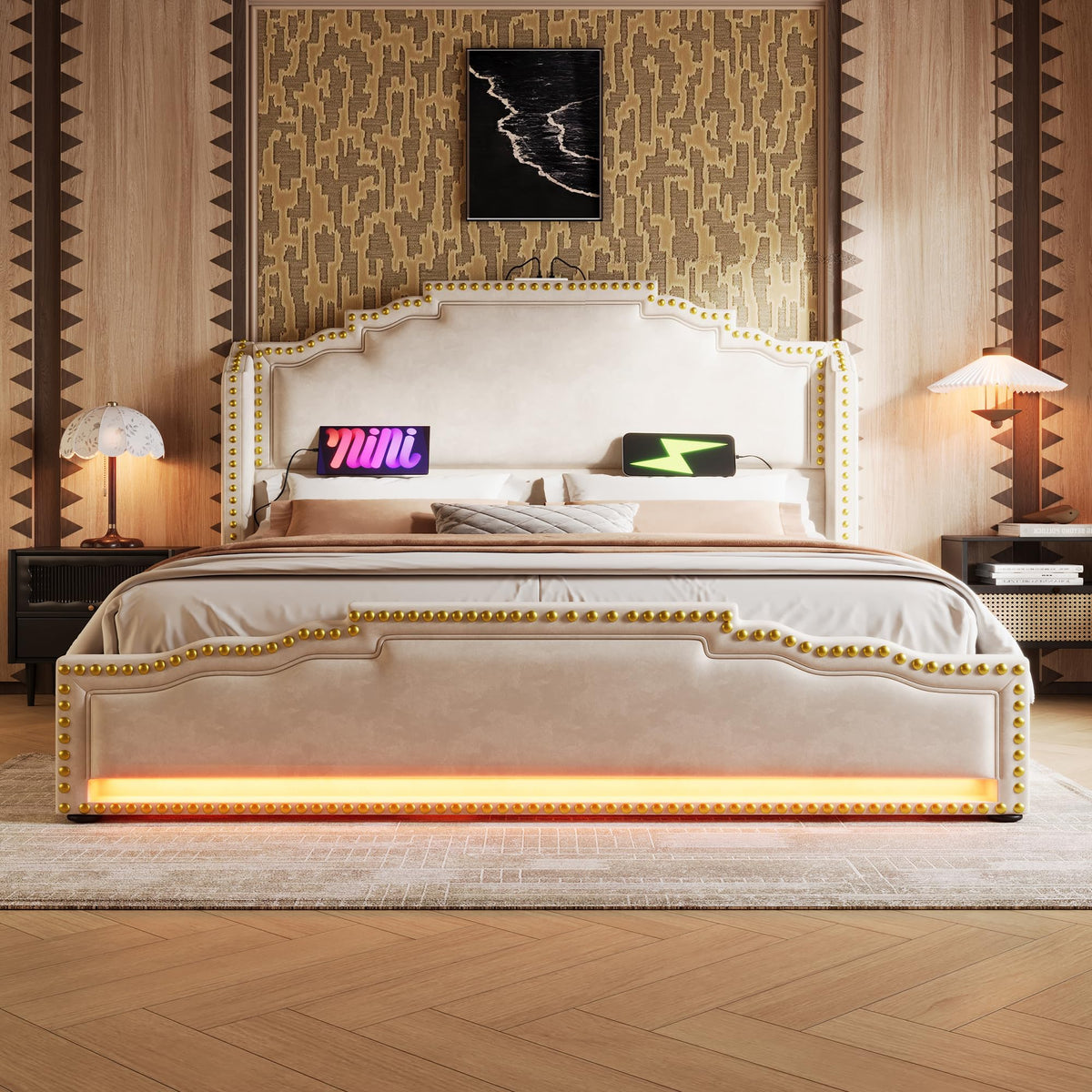 Cama tapizada de 160 x 200 cm, cama doble con 4 cajones, iluminación LED y puerto de carga USB-C, cama de almacenamiento y cama juvenil con somier, terciopelo, beige, sin colchón