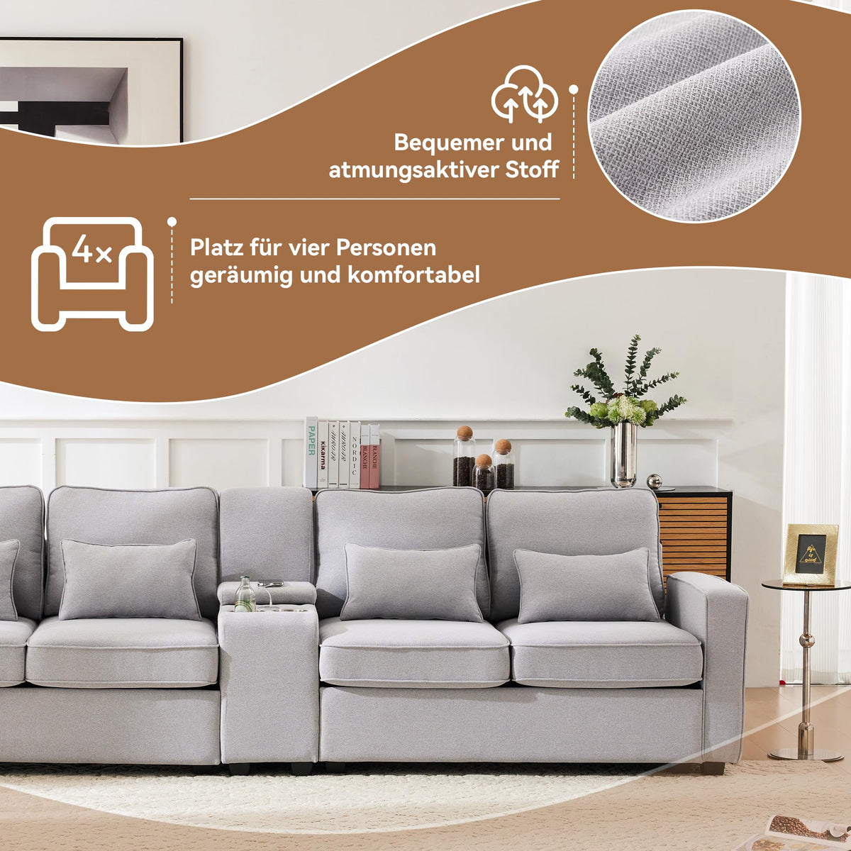Sofá moderno de 4 plazas, en tejido de lino, soporte para bebidas, 2 puertos de carga USB con cable, bolsillos en reposabrazos y 4 cojines, sofá sencillo para sala de estar