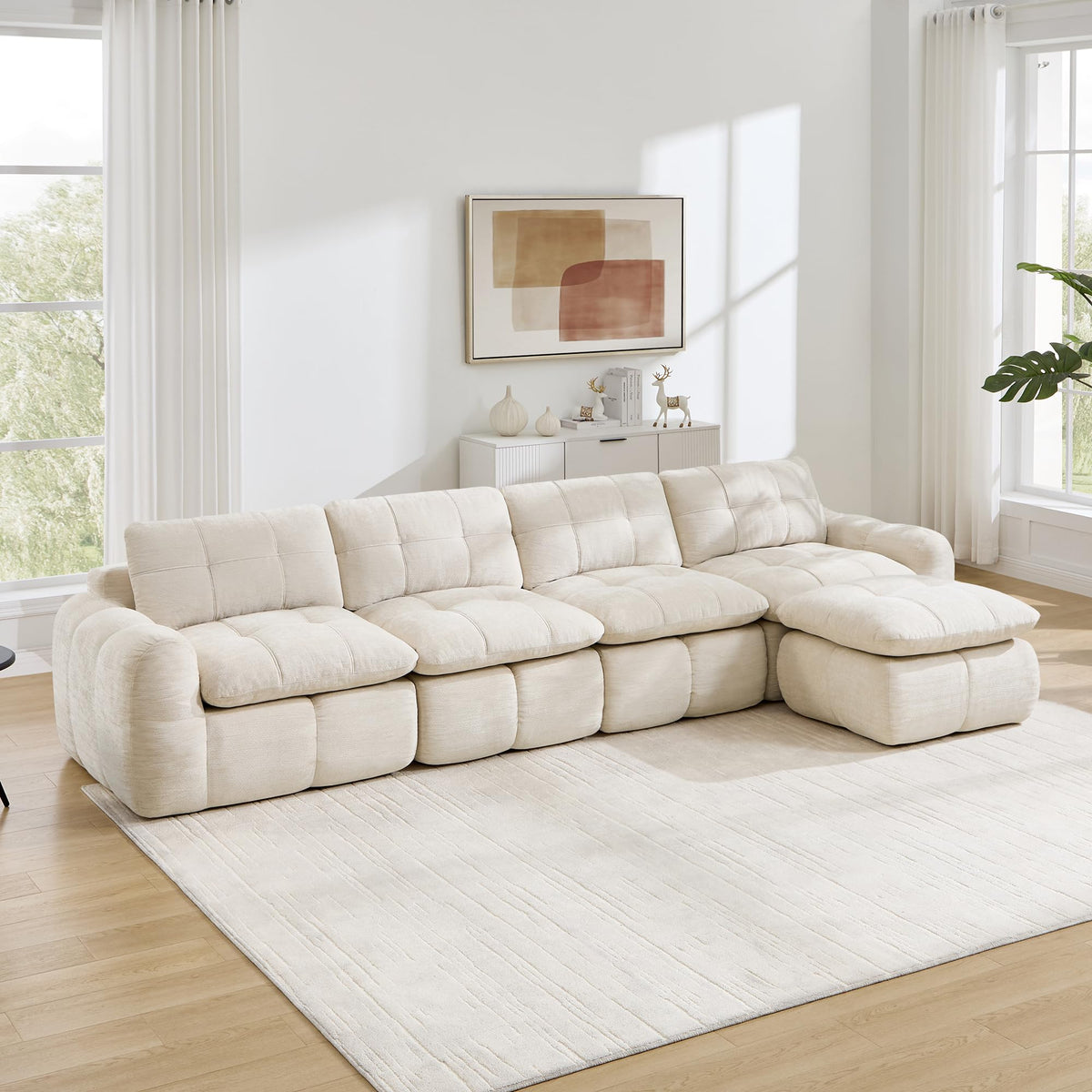 Sofá de 3 plazas con 1 taburete chenilla beige