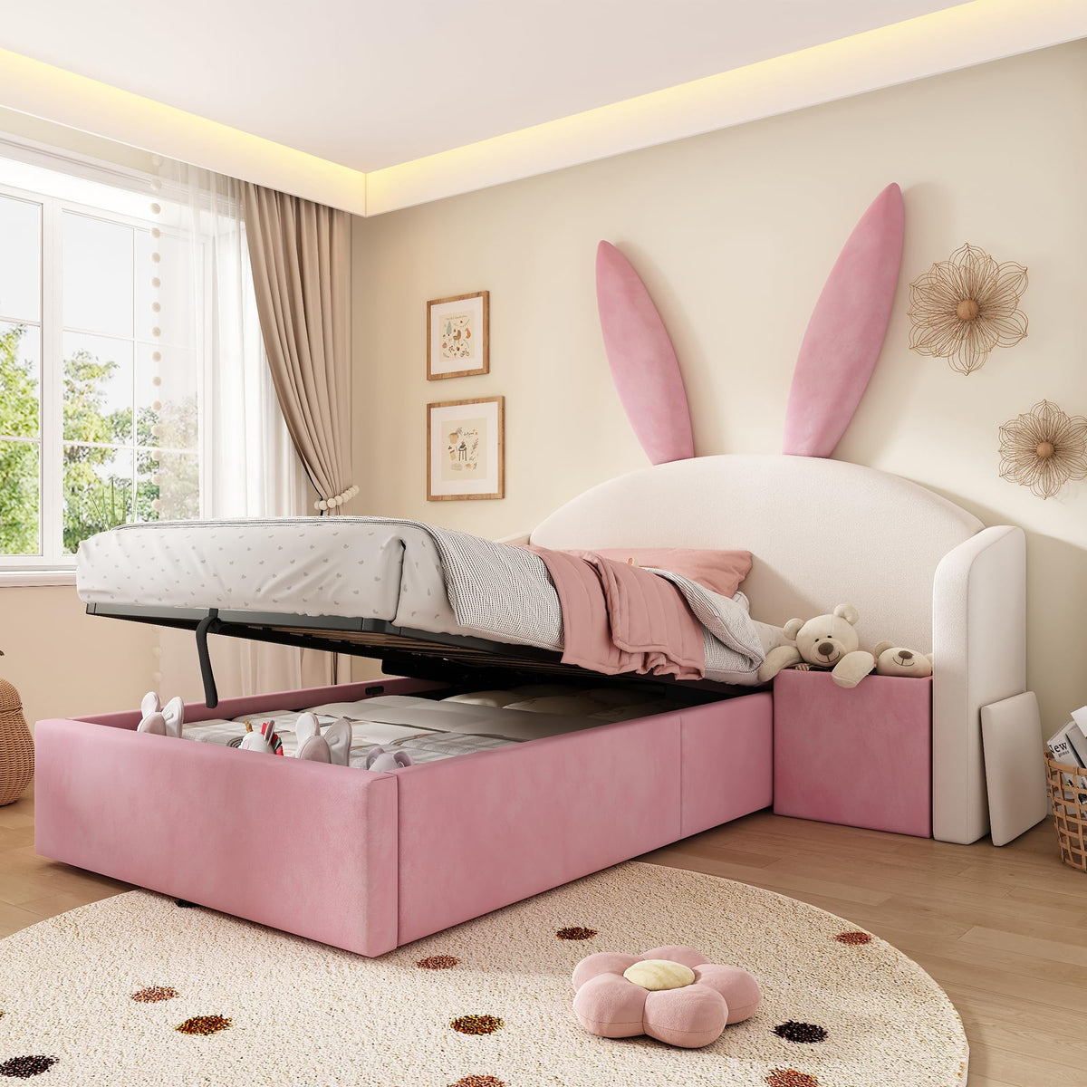 Kebnor Cama tapizada de terciopelo, orejas de conejo, cabecero con espacio de almacenamiento y mesita de noche, cama juvenil de diseño (sin colchón) (beis, 90 x 190 cm)
