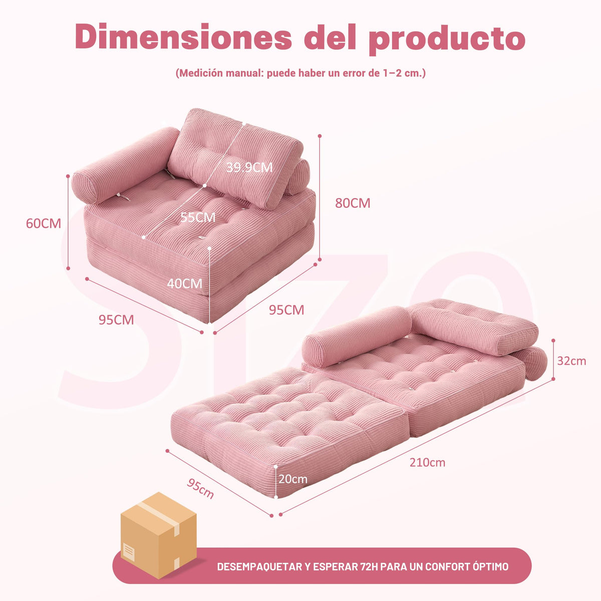 Sofá Convertible 4 en 1, Sofá Cama 1 Plaza, Pana, Negro