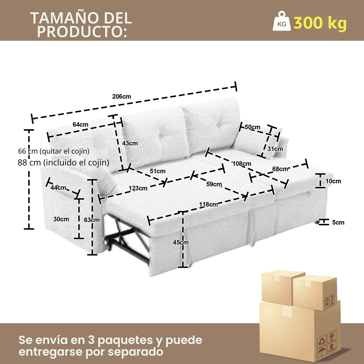 Lubvtti Sofá cama de 3 plazas moderno con función de cama, con espacio de almacenamiento, cargador USB, reposabrazos portaobjetos y 2 cojines, sofá de esquina en L, sofá de 3 plazas, chenilla (C-gris)