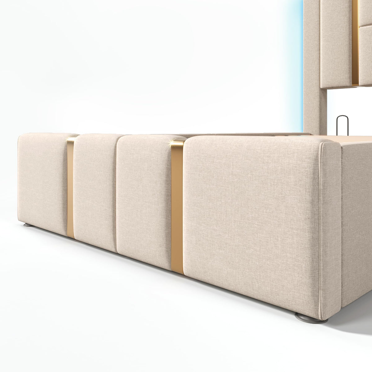 Cama tapizada doble USB tipo C función de carga APP Control LED 180 × 200 cm espacio espacio cama somier de láminas de madera, material de lino beige (sin colchón)