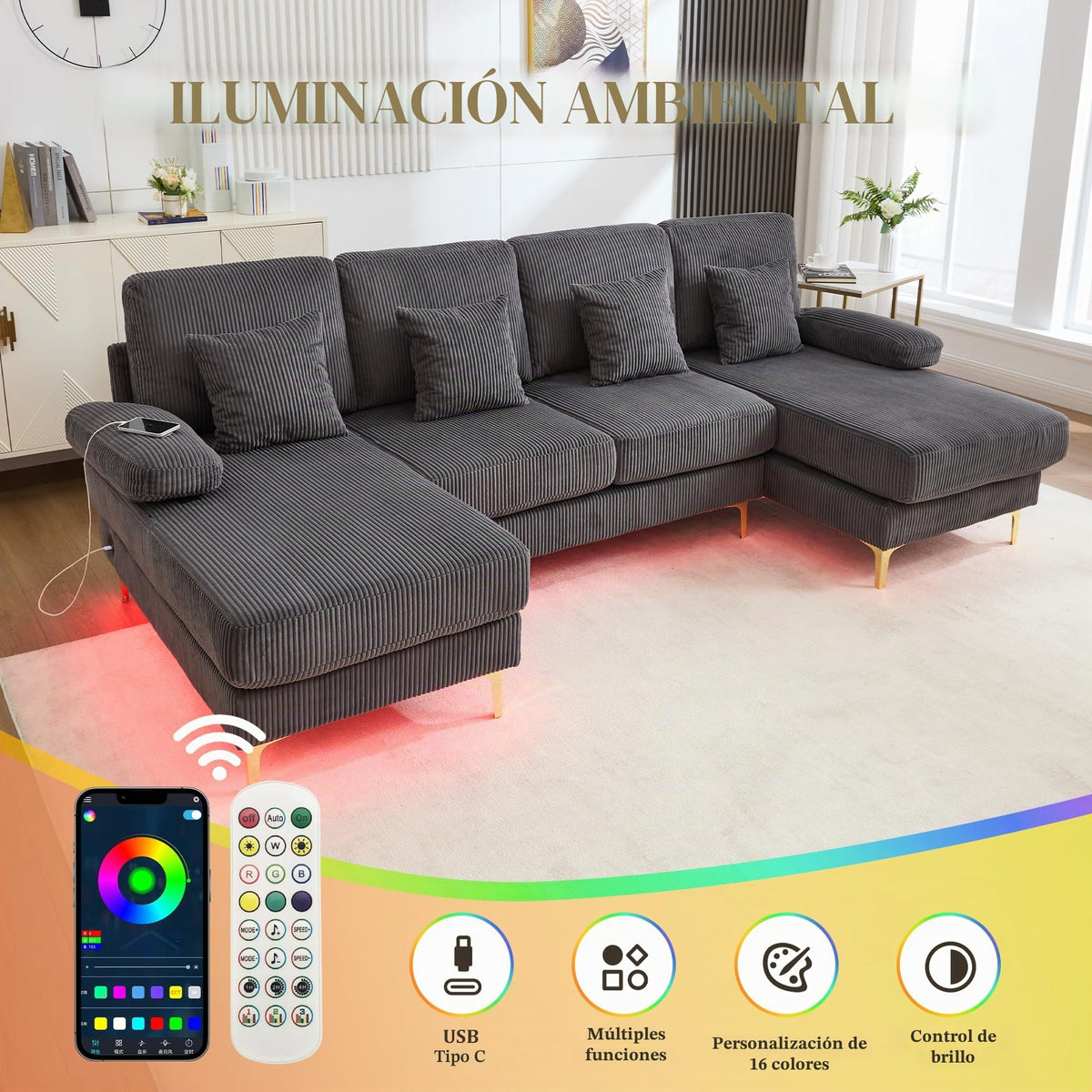 Sapgaks Sofá Seccional en U Moderno,Sofá 4 plazas,Mueble Acolchado de diseño Moderno,Tela de Chenilla (Beige)