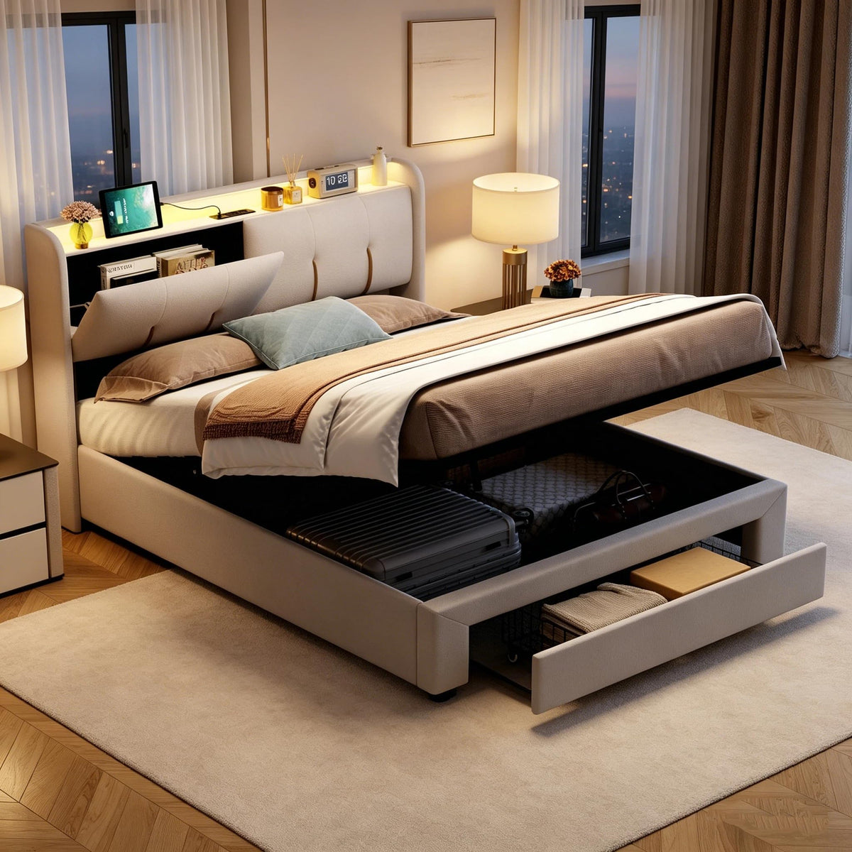 BRILVERDE Cama Tapizada 160x200 con Almacenamiento, Cama matrimonial con cajones, Cama Nido con LED, Cabecero Acolchado y Base de Láminas, Terciopelo (Beige, 160 x 200 cm)