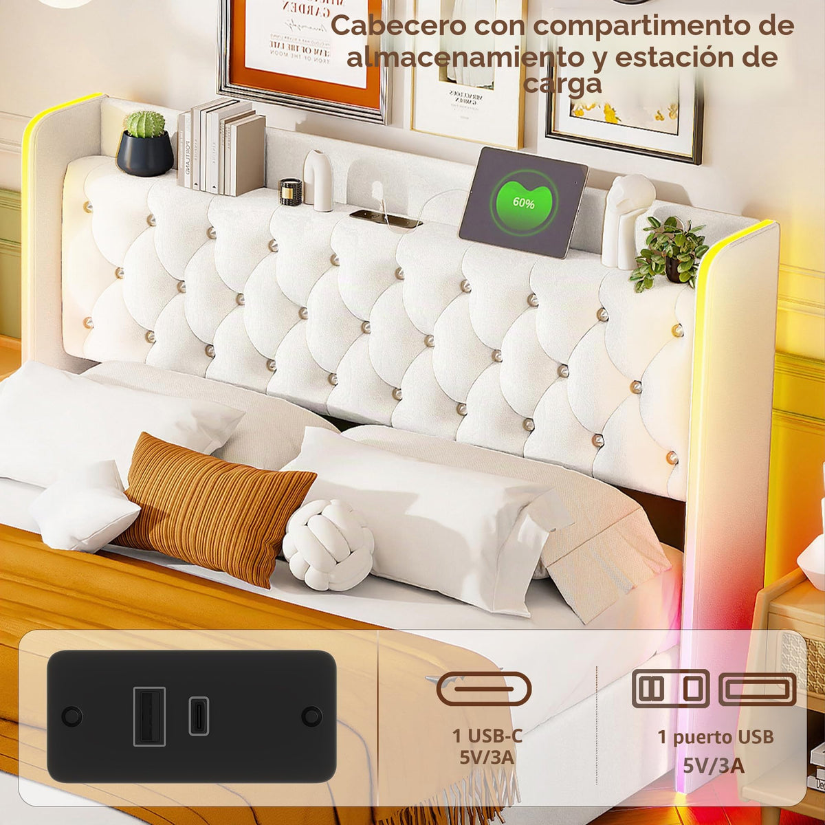 Cama tapizada de 160 x 200 cm, cama doble LED con espacio de almacenamiento, cabecero y función de carga USB C, cama de almacenamiento hidráulico, respaldo con somier de láminas de madera