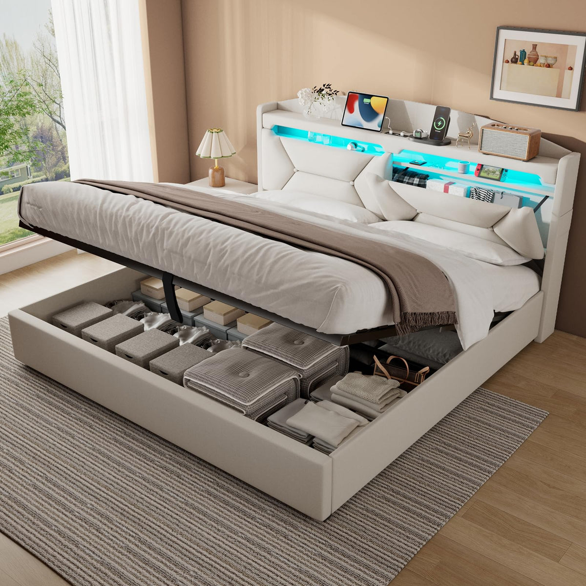 Cama 90x200 cm con Almacenamiento, Cama Individual con LED, Puertos USB y Type-C, Somier 90x200 Hidráulico, Camas Juveniles Camas Infantiles con Cabecero, Lino, Beige, Colchón No Incluido