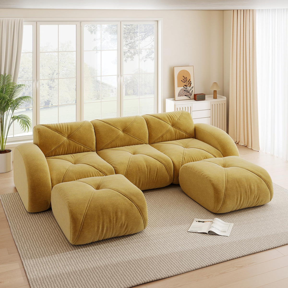 Sofá de esquina en forma de L de 4 plazas con reposapiés, sofá modular Cloud sin marcos de chenilla, sofá de estar suave, antideslizante, combinable de forma flexible, sin montaje, salón color