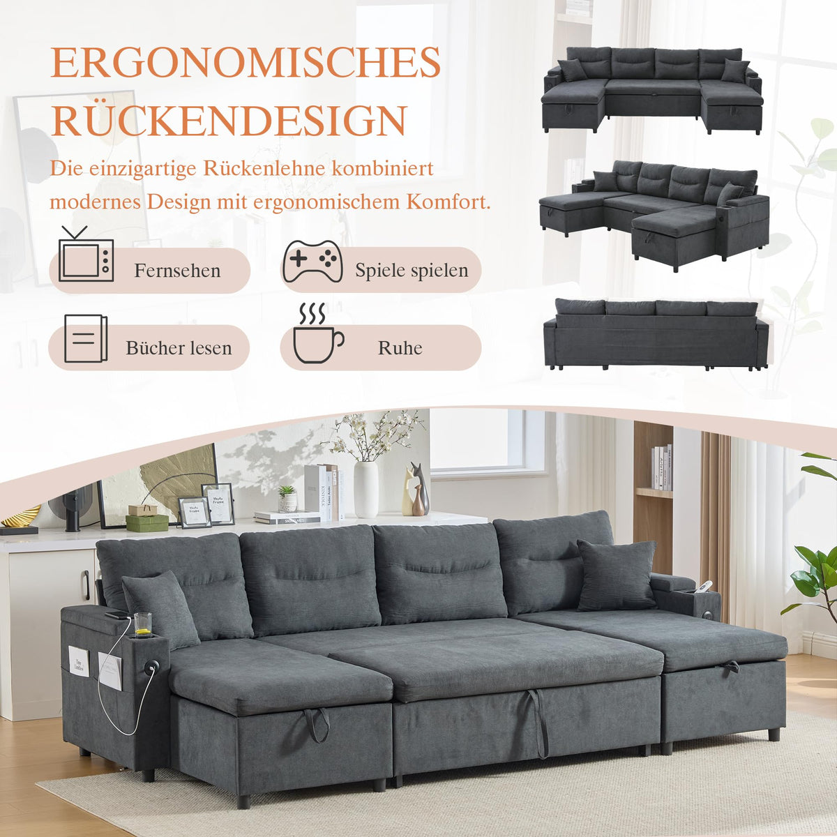 Dolamaní Sofá moderno de 4 plazas de tela de lino con espacio de almacenamiento y función de dormir, sofá cama con cajonera extensible en forma de L para casa y salón (beige B)