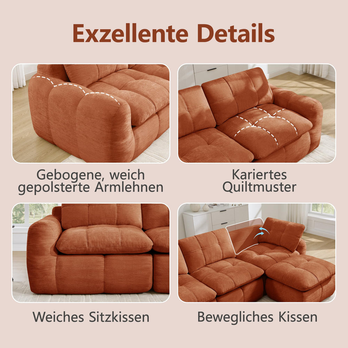 Sofá de 3 plazas con 1 taburete chenilla beige
