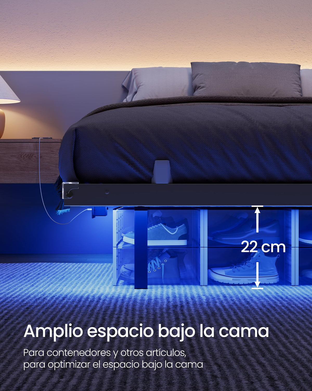 VASAGLE Marco de Cama Flotante, 140 x 200 cm, LED, 2 Tomas y 3 USB
