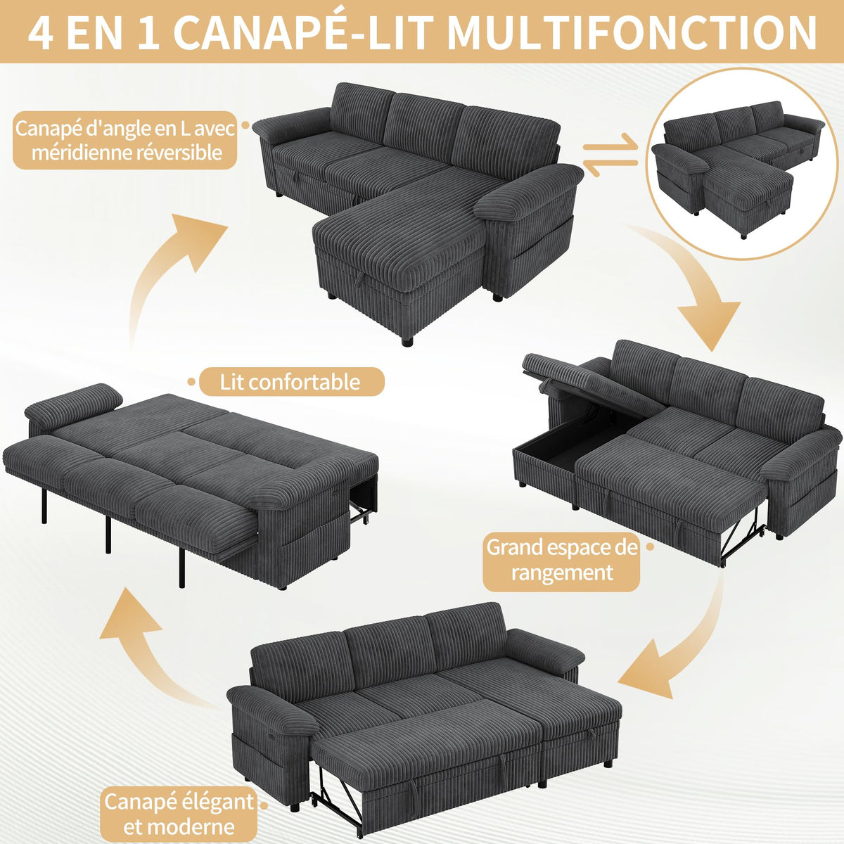 Sofá modular de 3 plazas con función cama extensible y USB/Type-C, sofá esquinero en forma de L con reposacabezas semifijos y compartimento de almacenamiento, sofás con chaise longue