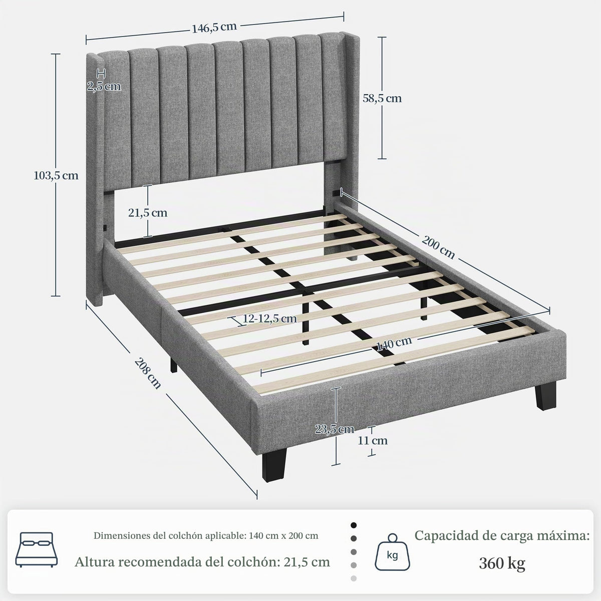 Yaheetech Cama Doble Tapizada 140 x 200cm con Somier de Lamas con Cabecero Rayado Moderno Estructura de Madera y Metal Marco de Cama para Adultos 2 Personas Beige
