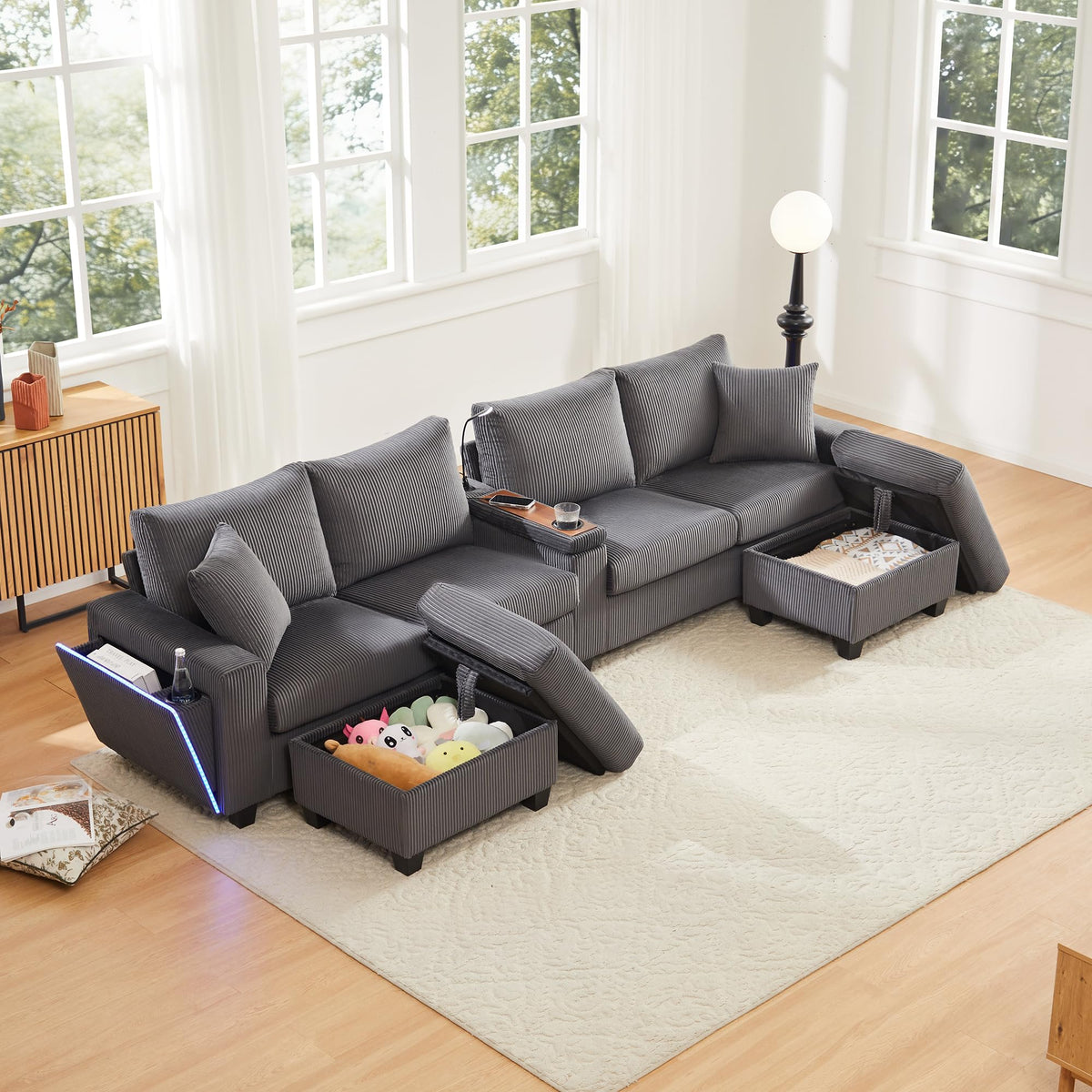 LAKFEW Sofa Cama con Cama Extensible y Taburete Almacenaje, Sofa Rinconera con USB, Lámpara de Lectura, Mesa Plegable con 2 Posavasos, 205x205x85 cm, Gris