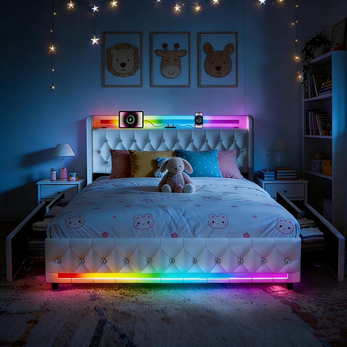 Estructura de Cama 140x200 cm con iluminación LED, Lino, Gris