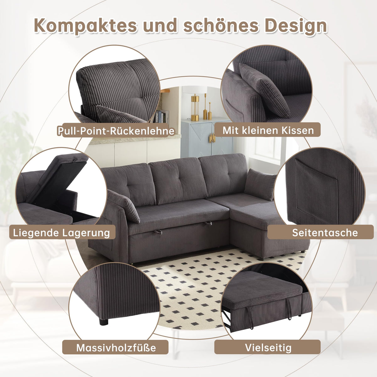 Lubvtti Sofá cama de 3 plazas moderno con función de cama, con espacio de almacenamiento, cargador USB, reposabrazos portaobjetos y 2 cojines, sofá de esquina en L, sofá de 3 plazas, chenilla (C-gris)