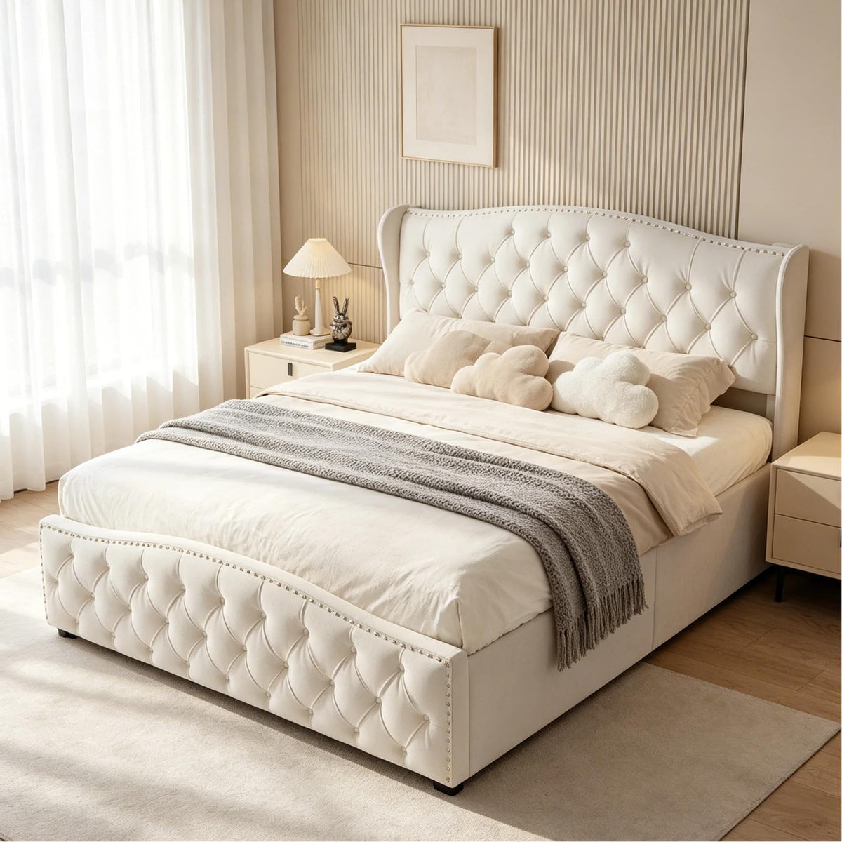 BRILVERDE Cama Tapizada 160x200 con Almacenamiento hidráulico, Cama matrimonial con lámpara de mesita, Cabecero Acolchado y Base de Láminas, Terciopelo (Beige, 160 x 200 cm)