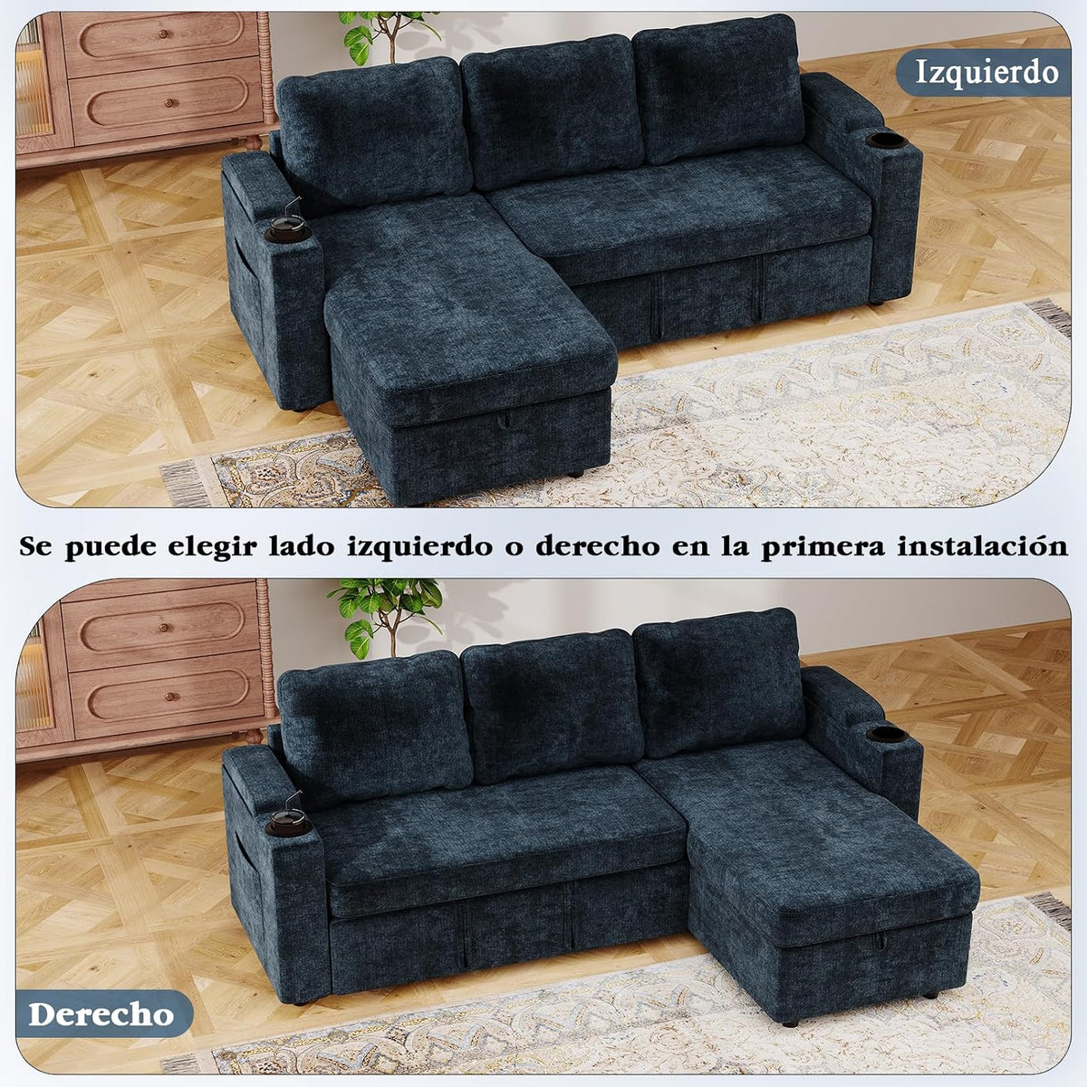 Devoko Sofá Cama L 3 plazas Azul Marino con almacén y portavasos, sofá Convertible Suave para salón y Piso, multifunción con Brazos amplios y Gran almacenaje