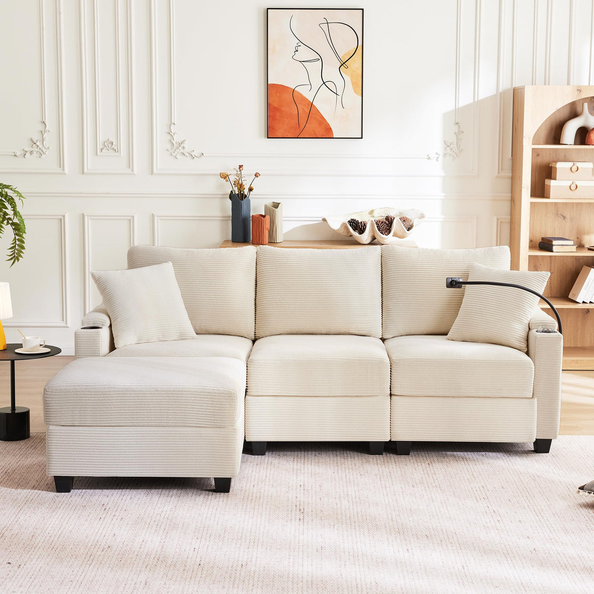 Sofá modular de 6 plazas, sofá esquinero en forma de L/U, puertos USB/tipo C, portavasos y espacio de almacenamiento, tela de chenilla, 7 cojines, salón, dormitorio y oficina, color beige