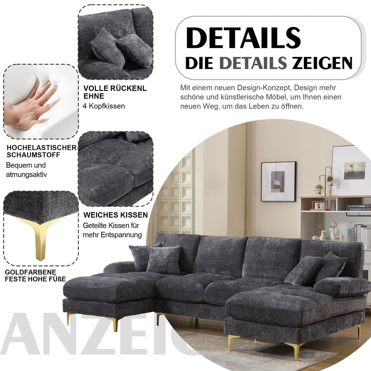 Sapgaks Sofá Seccional en U Moderno,Sofá 4 plazas,Mueble Acolchado de diseño Moderno,Tela de Chenilla (Beige)