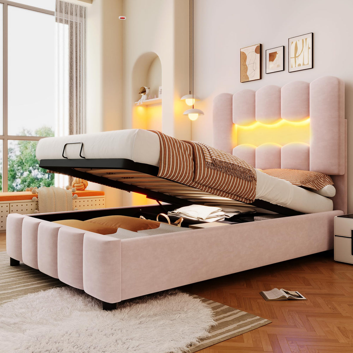 Kebnor Cama tapizada con somier, luz ambiental con mando a distancia, diseño de princesa heredera, material PU, color rosa (sin colchón) (140 x 200 cm)
