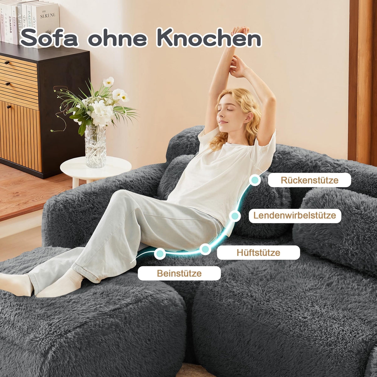 Sofá modular combinable en forma de L de 4 plazas, tejido de felpa con cojines, espuma de alta elasticidad, diseño chaise longue para salón o dormitorio (negro)