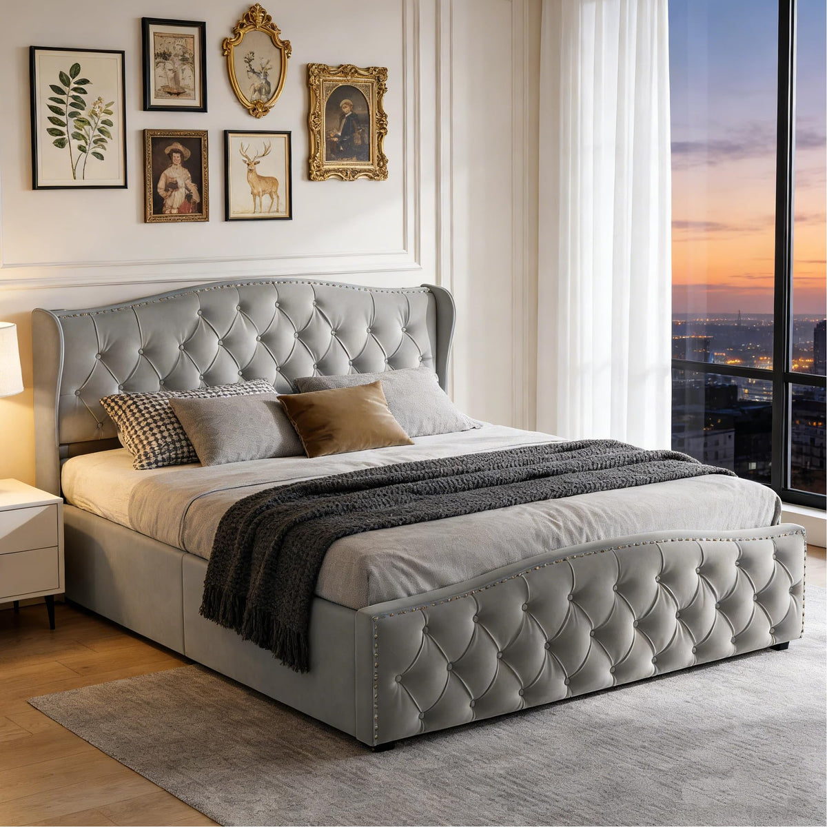 BRILVERDE Cama Tapizada 160x200 con Almacenamiento hidráulico, Cama matrimonial con lámpara de mesita, Cabecero Acolchado y Base de Láminas, Terciopelo (Beige, 160 x 200 cm)