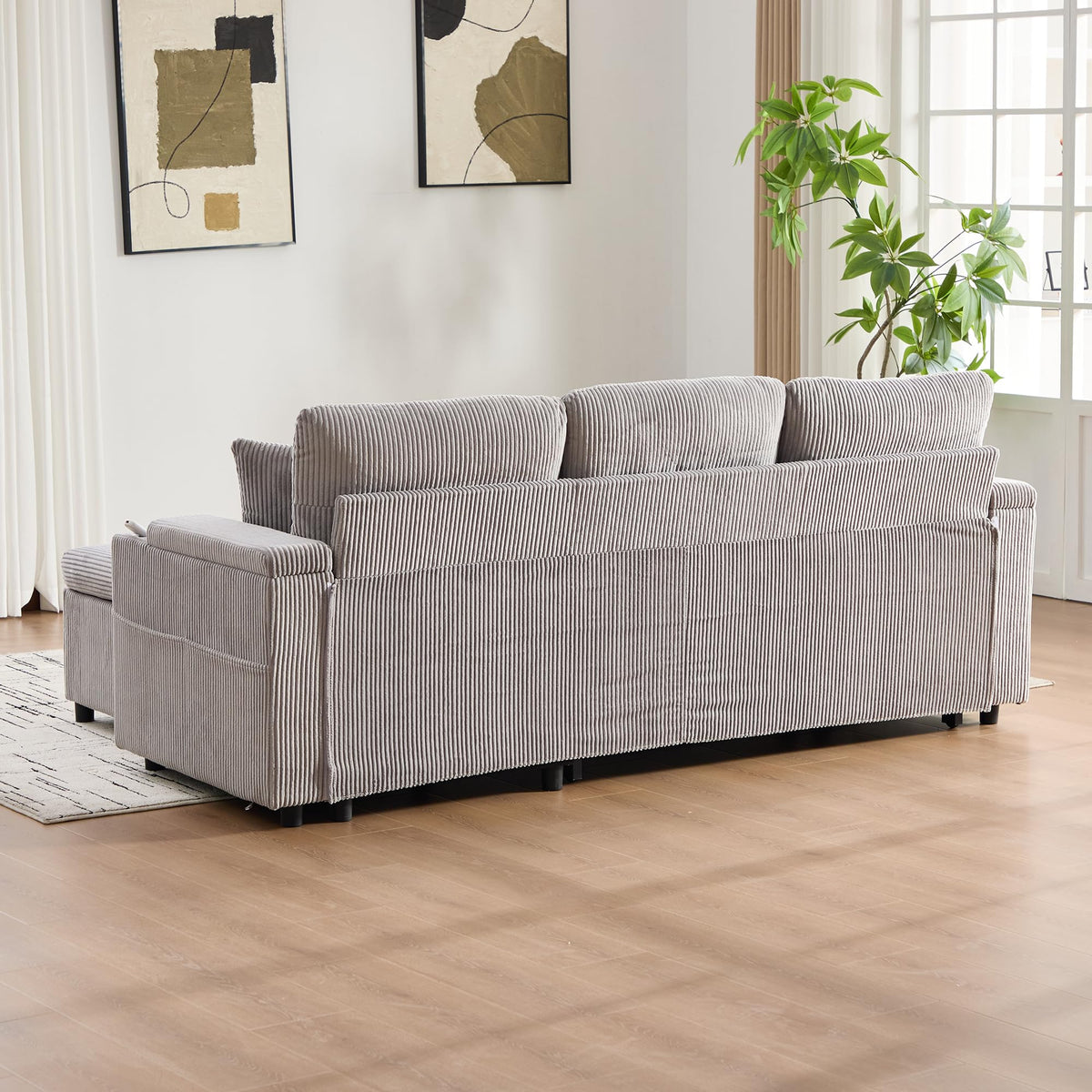 Dolamaní Sofá moderno de 4 plazas de tela de lino con espacio de almacenamiento y función de dormir, sofá cama con cajonera extensible en forma de L para casa y salón (beige B)