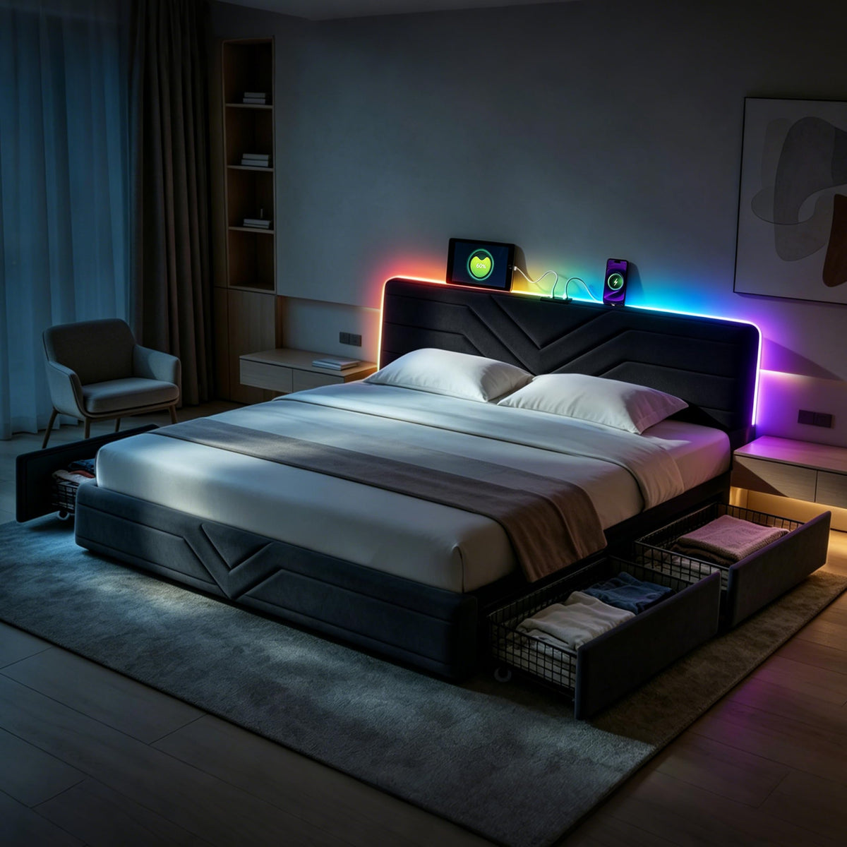 Armazón de Cama de Cuero 140x200cm con luz LED, Blanco