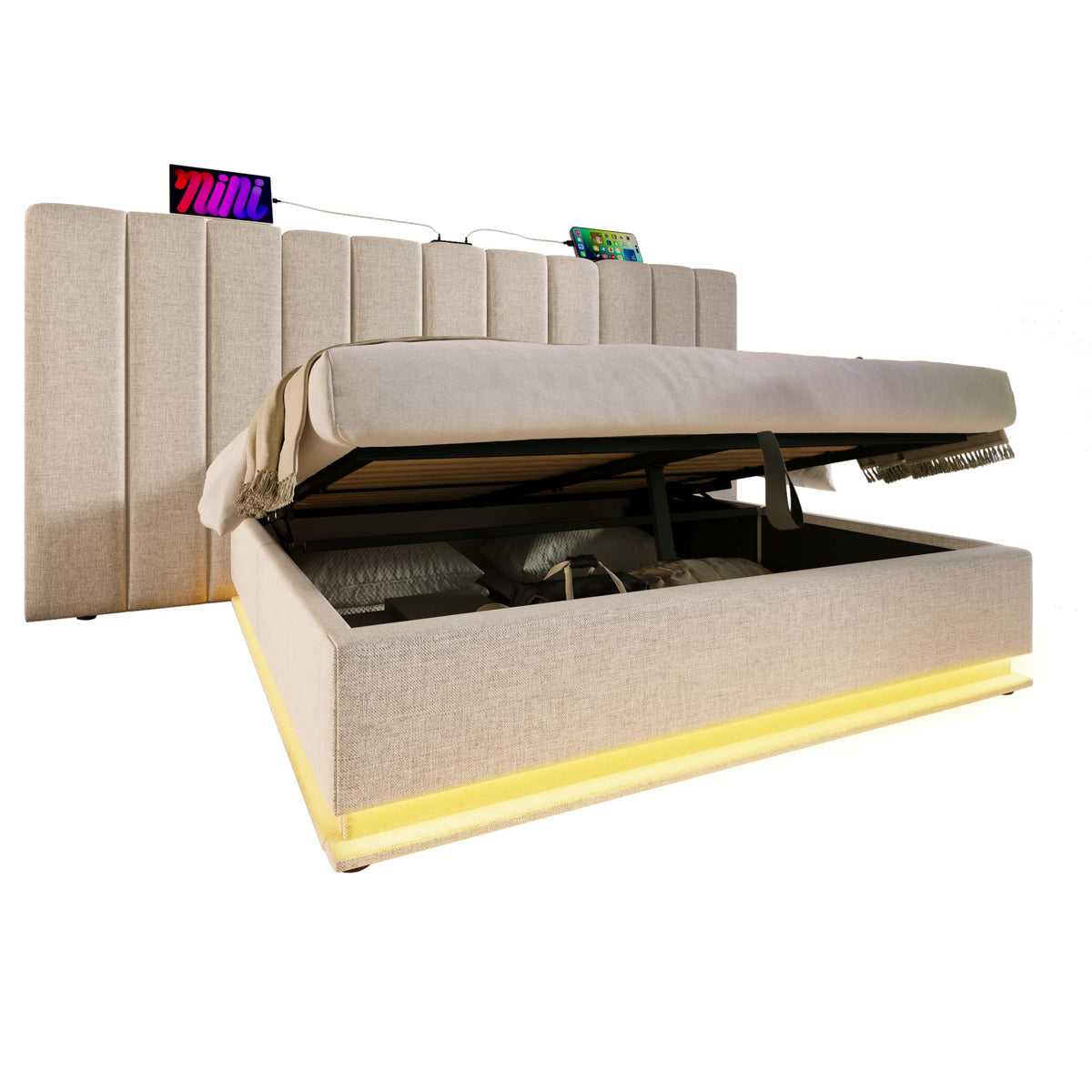 Cama tapizada 180×200cm, Cama Doble con canapé con LED y función de Carga USB-C, PU, sin colchón ni mesita de Noche (Blanco, 180 x 200 cm)