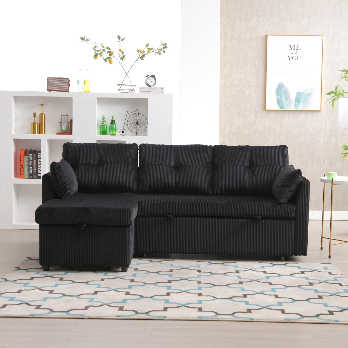 Lubvtti Sofá cama de 3 plazas moderno con función de cama, con espacio de almacenamiento, cargador USB, reposabrazos portaobjetos y 2 cojines, sofá de esquina en L, sofá de 3 plazas, chenilla (C-gris)