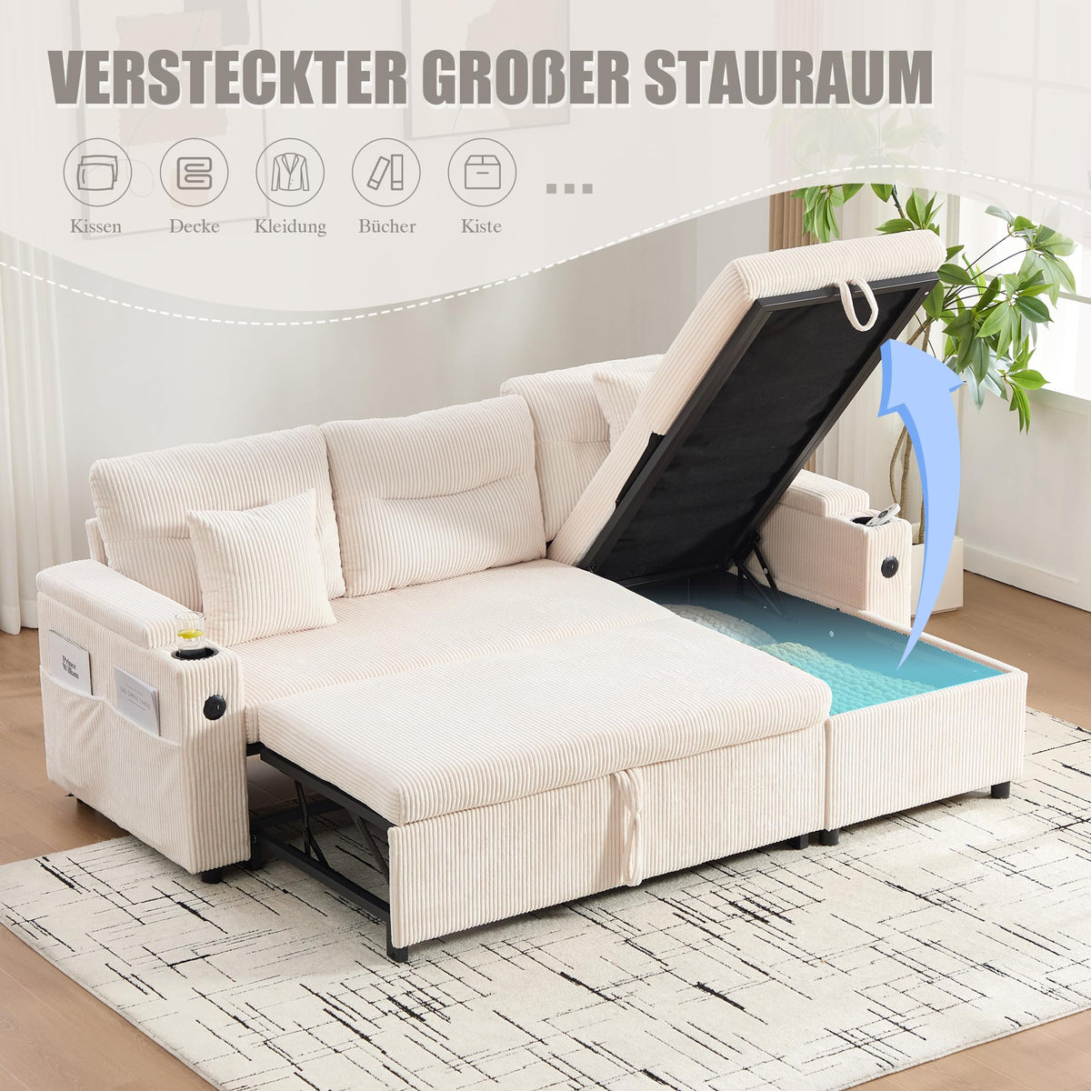 Dolamaní Sofá moderno de 4 plazas de tela de lino con espacio de almacenamiento y función de dormir, sofá cama con cajonera extensible en forma de L para casa y salón (beige B)